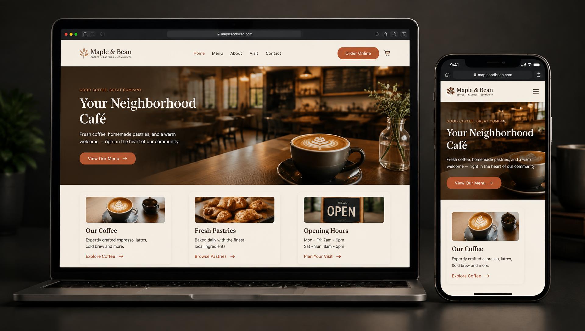Concept homepage design for a local café business, shown on a laptop and a phone