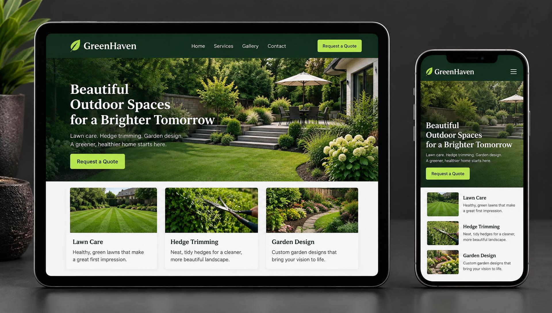 Concept homepage design for a gardening & landscaping business, shown on a laptop and a phone