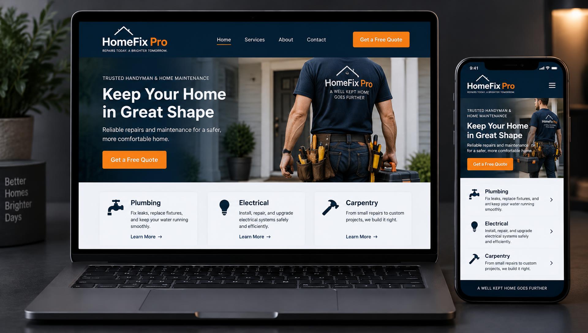 Concept homepage design for a handyman & home maintenance business, shown on a laptop and a phone